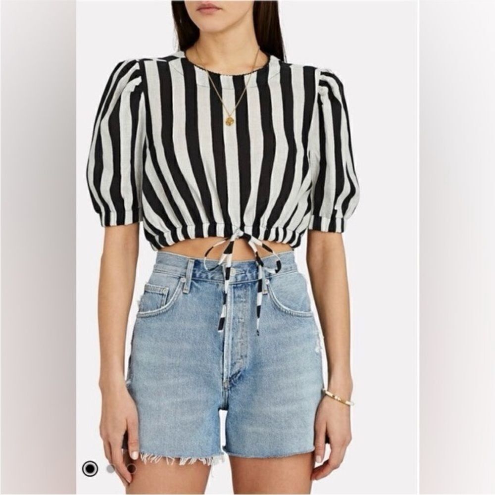 Agua Bendita 100% linen Black and White Striped Women's Top, S